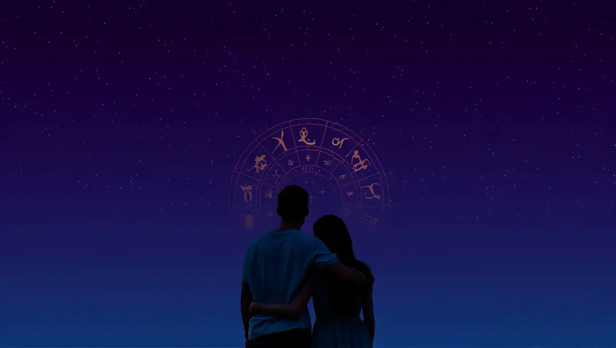 Cuplu sub un cer înstelat cu roata zodiacului