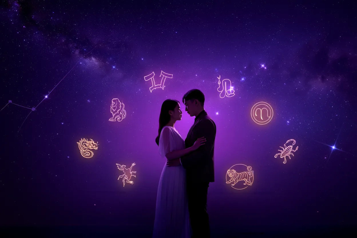 Cuplu romantic înconjurat de simbolurile zodiacului chinezesc și occidental pe un fundal cosmic violet