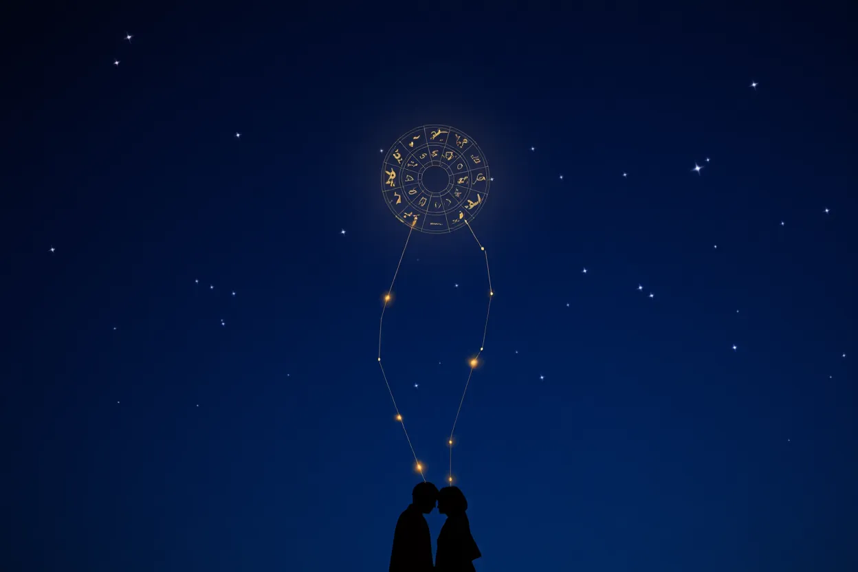 Roată a zodiacului aurie plutind între două siluete legate prin constelații luminoase